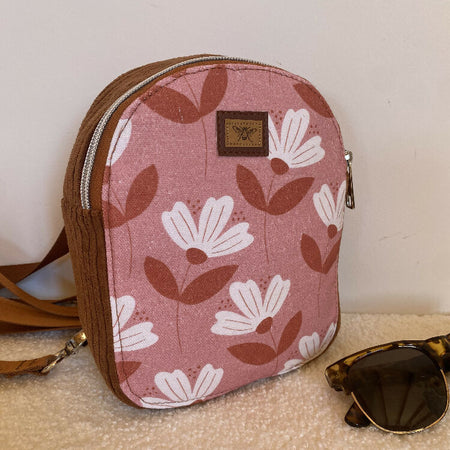 Convertible Backpack/Crossbody Bag - White Cosmos on Pink & Tan Corduroy