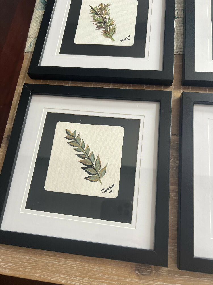 botanical set , watercolors , set of 4 , framed with double matt board