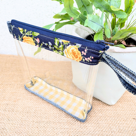 Clear Pouch Organiser with upcycled Denim base Yellow Roses