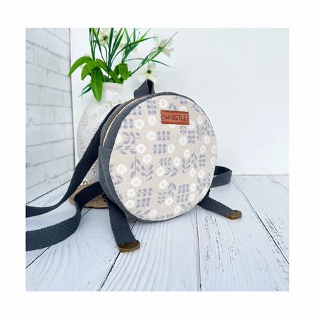 Mini Circle Backpack - Soft Grey with White Flowers