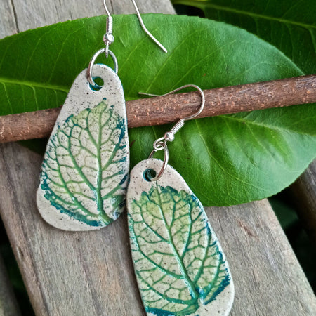 Deep green and soft grey leaf print earrings