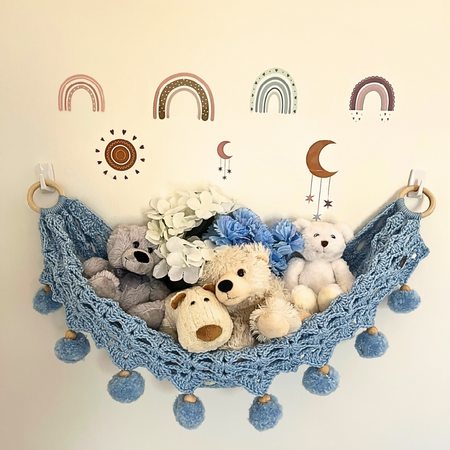 Blue Pom Pom Handmade Crochet Toy Hammock, Nursery Decor, Kids Decor