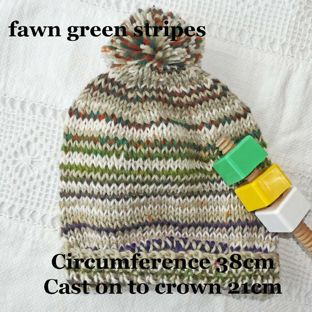 Striped fawn green beanie. Free post. Bulk buy option.