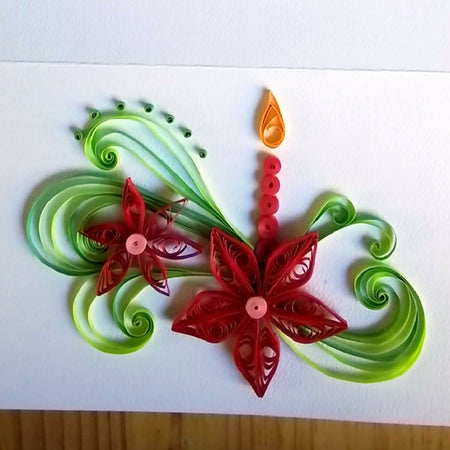 Christmas Paper Quilled card with swirls and red flowers