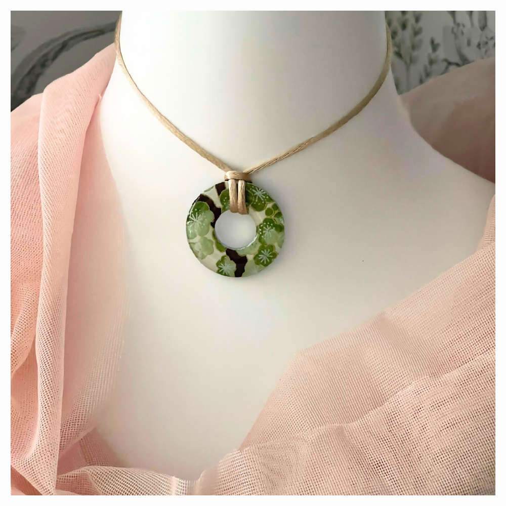 Green Necklace with Cherry Blossom Flowers • Adjustable Cord