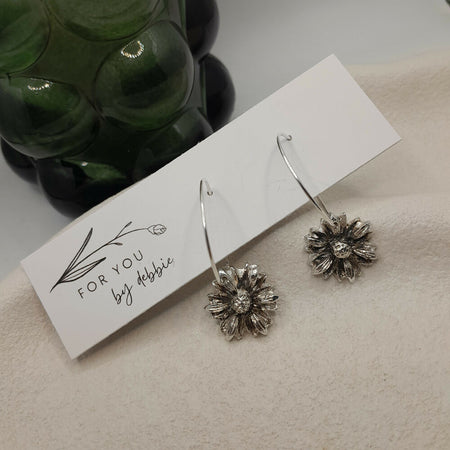 Fine silver daisy hoop earrings with handmade ear wire