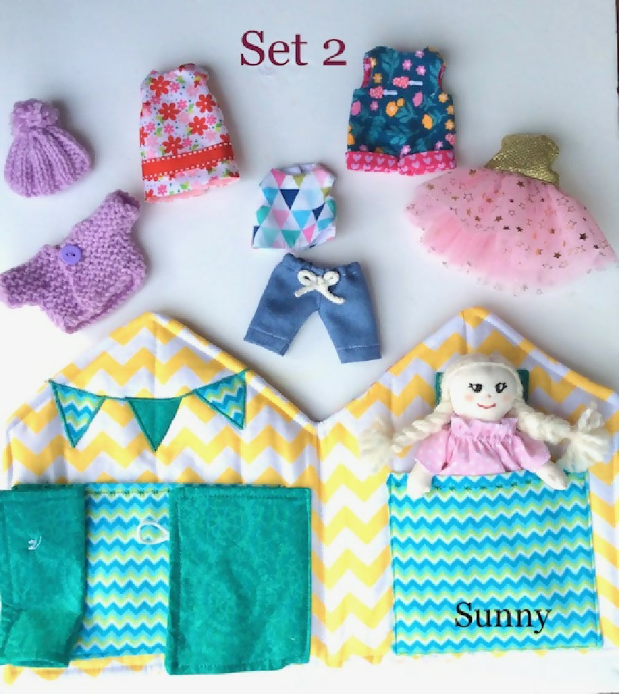 Sunny Fabric Doll House with Doll and Wardrobe of Clothing