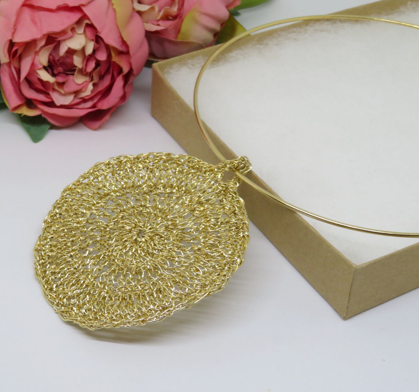 Bespoke Handmade Gold Shimmer Crochet Pendant Round Choker Necklace