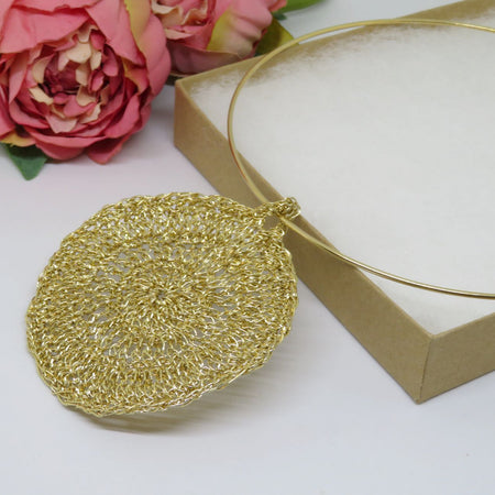 Bespoke Handmade Gold Shimmer Crochet Pendant Round Choker Necklace