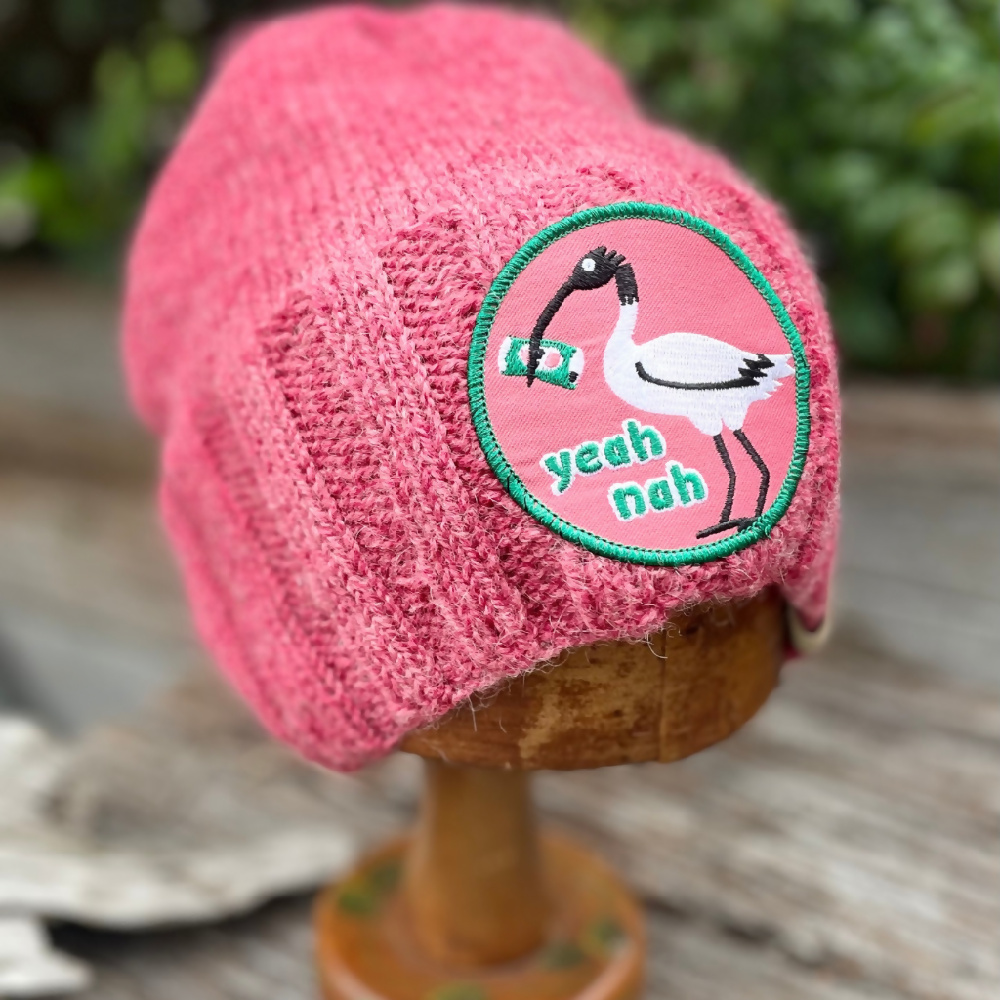 HATITUDE Pink Ibis Handknitted beanie with “Yea Nah” Patch