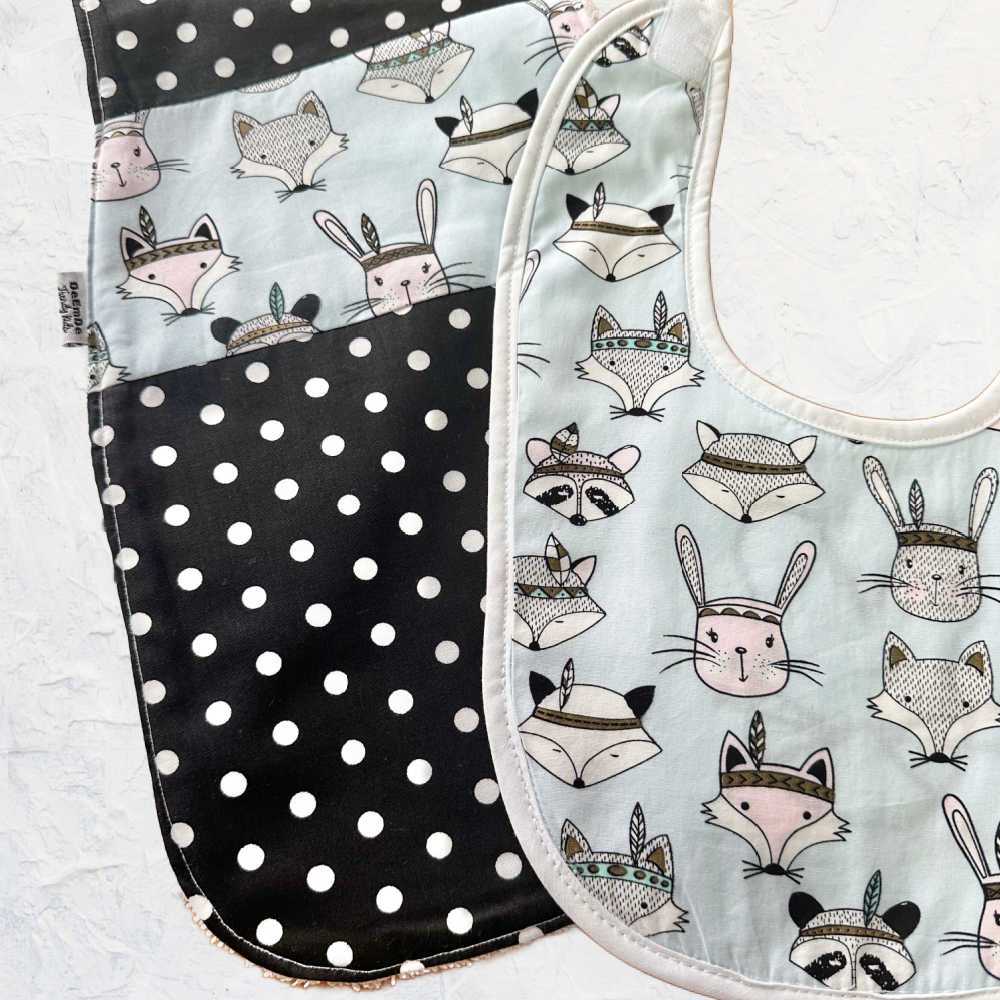 Handmade Large Baby Burp Cloth, Bib Set | Rabbits