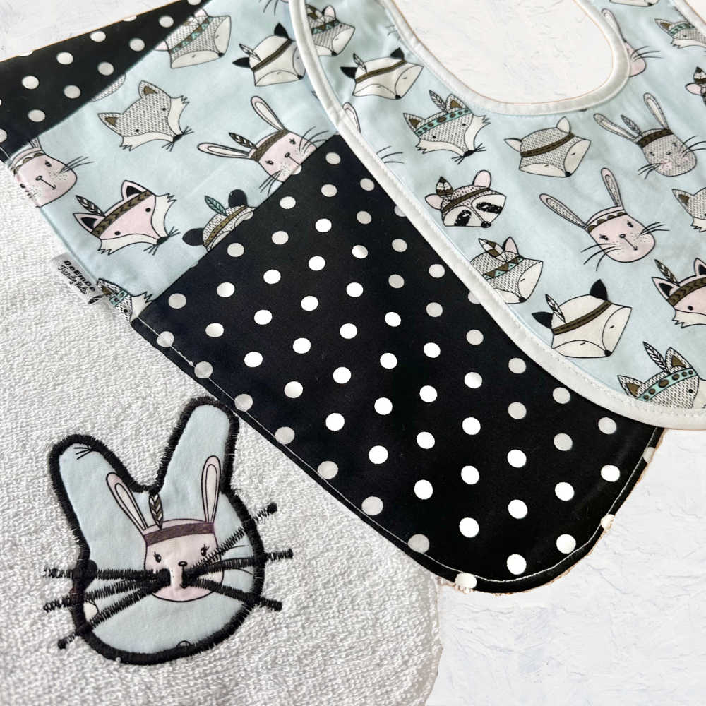 Handmade Large Baby Burp Cloth, Bib Set | Rabbits
