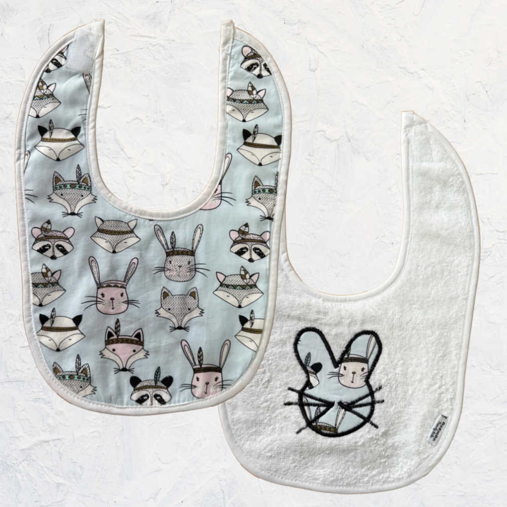 Handmade Large Baby Burp Cloth, Bib Set | Rabbits