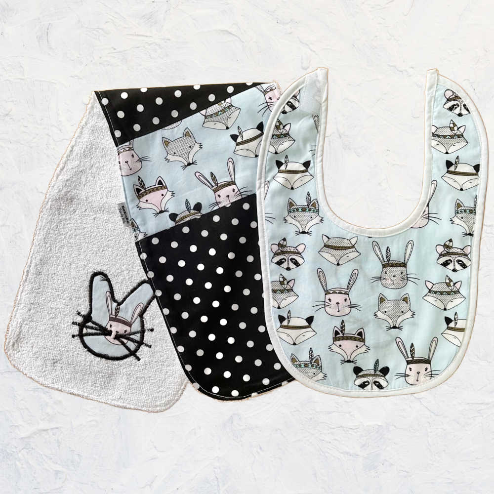 Handmade Large Baby Burp Cloth, Bib Set | Rabbits