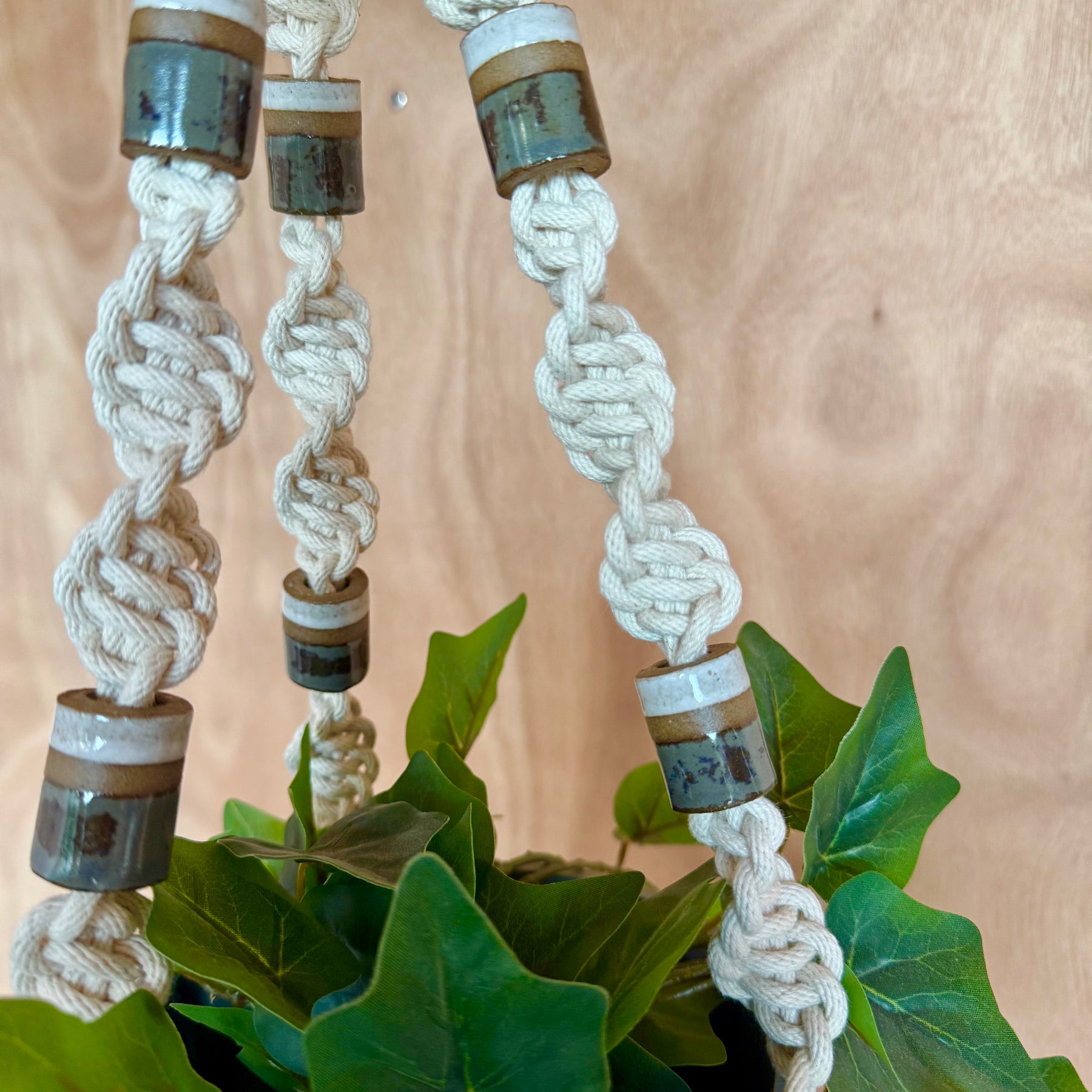 Macrame hanging planter with hand made beads