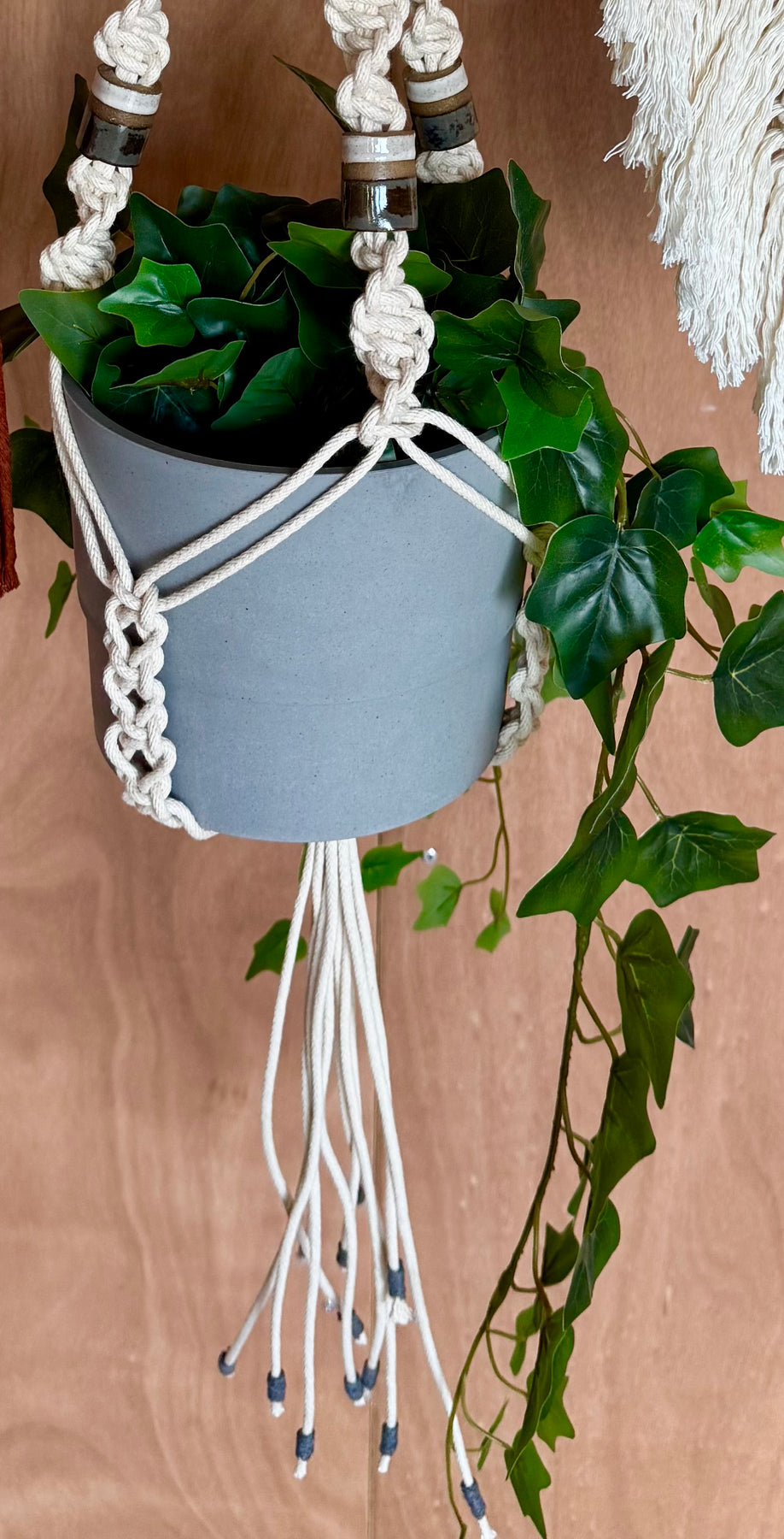 Macrame hanging planter with hand made beads