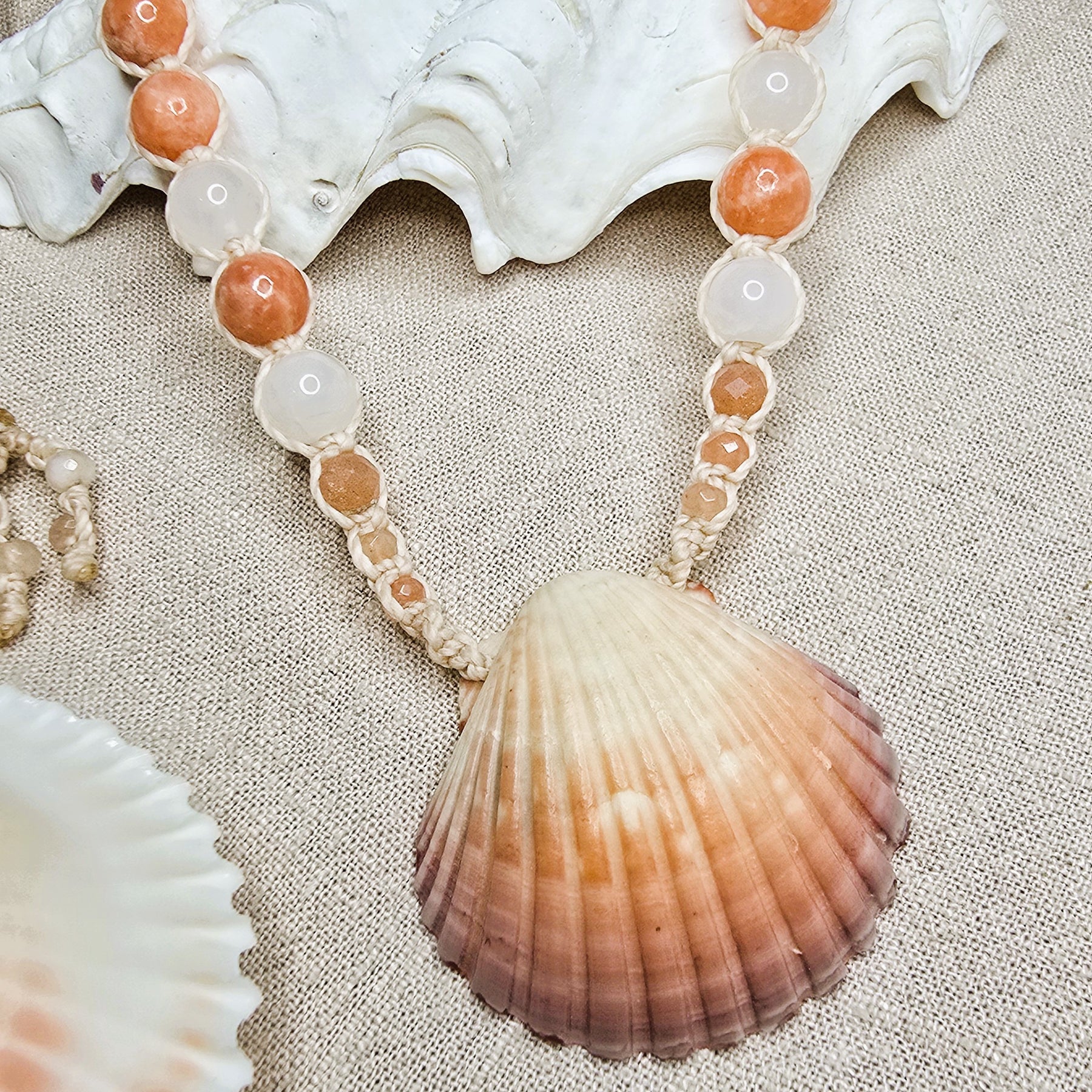 Scallop Shell Necklace with Peach Calcite, Rose Quartz, Sunstone