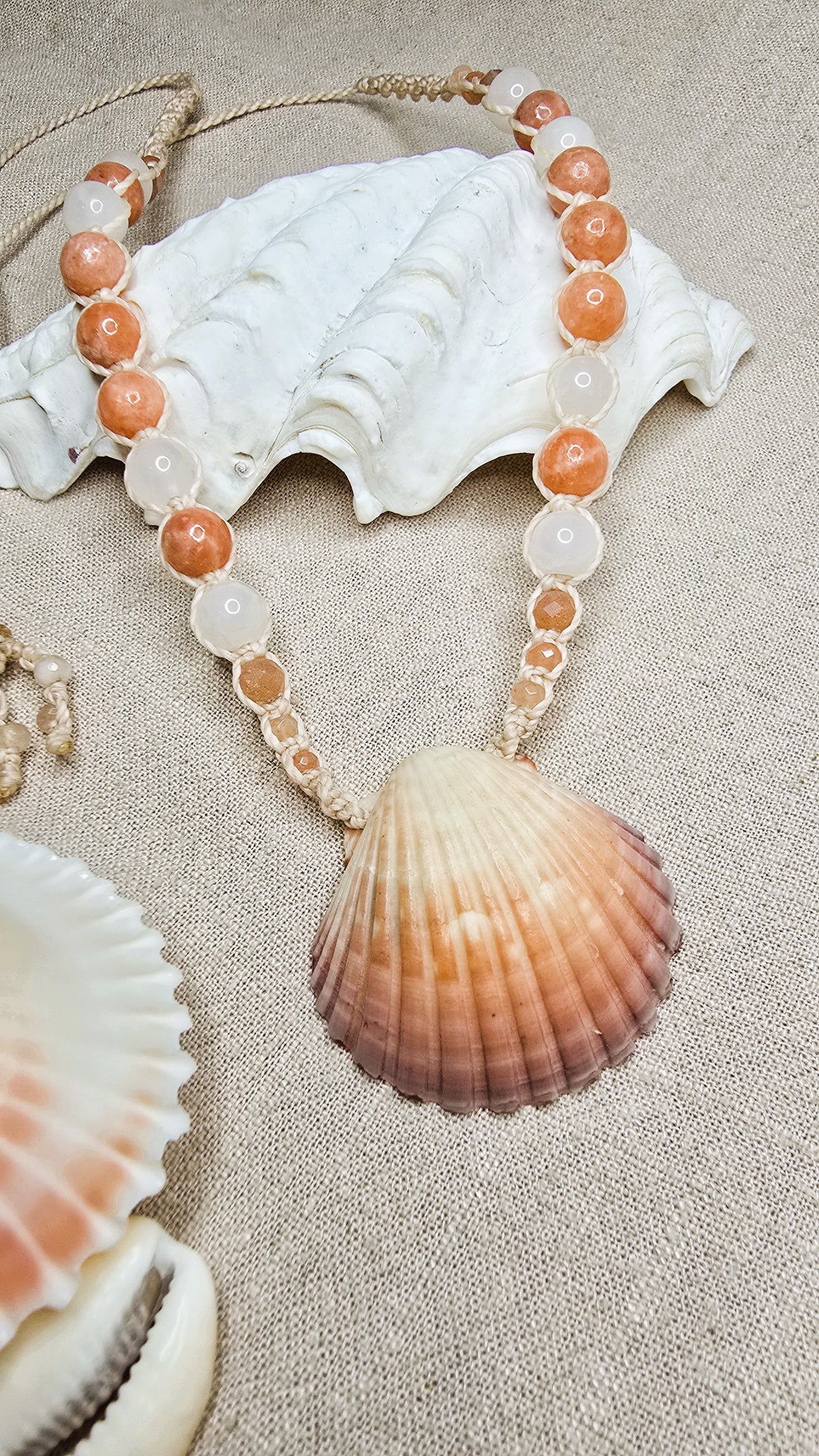 Scallop Shell Necklace with Peach Calcite, Rose Quartz, Sunstone