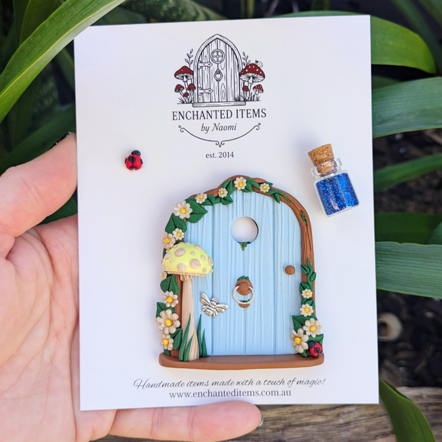Mini Blue Woodland Fairy Door with Yellow Mushroom