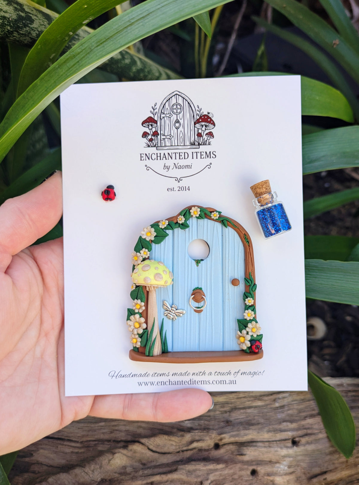Mini Blue Woodland Fairy Door with Yellow Mushroom