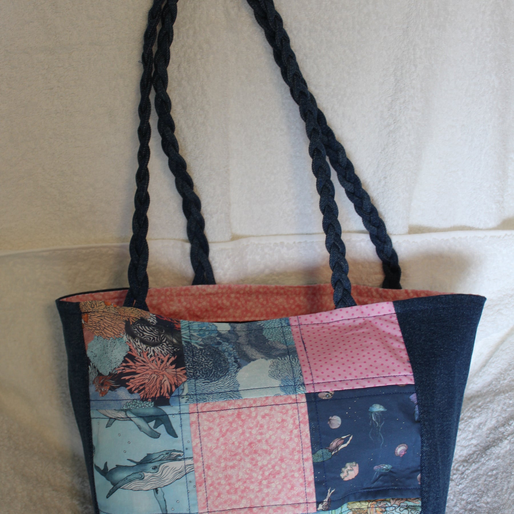 'UNDER THE SEA´ TOTE BAG - DARK BLUE DENIM - PLAITED HANDLES