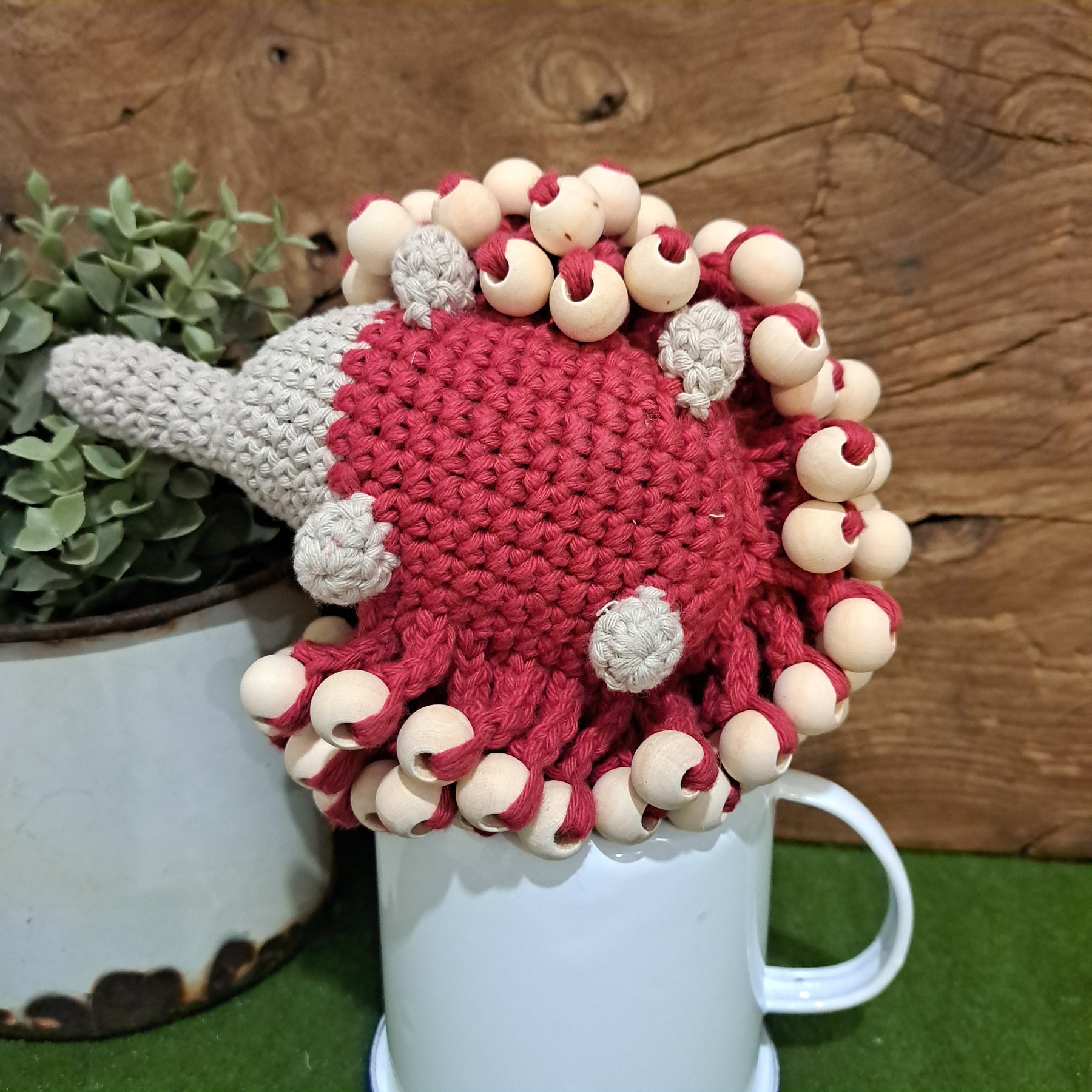 Handmade crochet echidna red cotton wooden beads