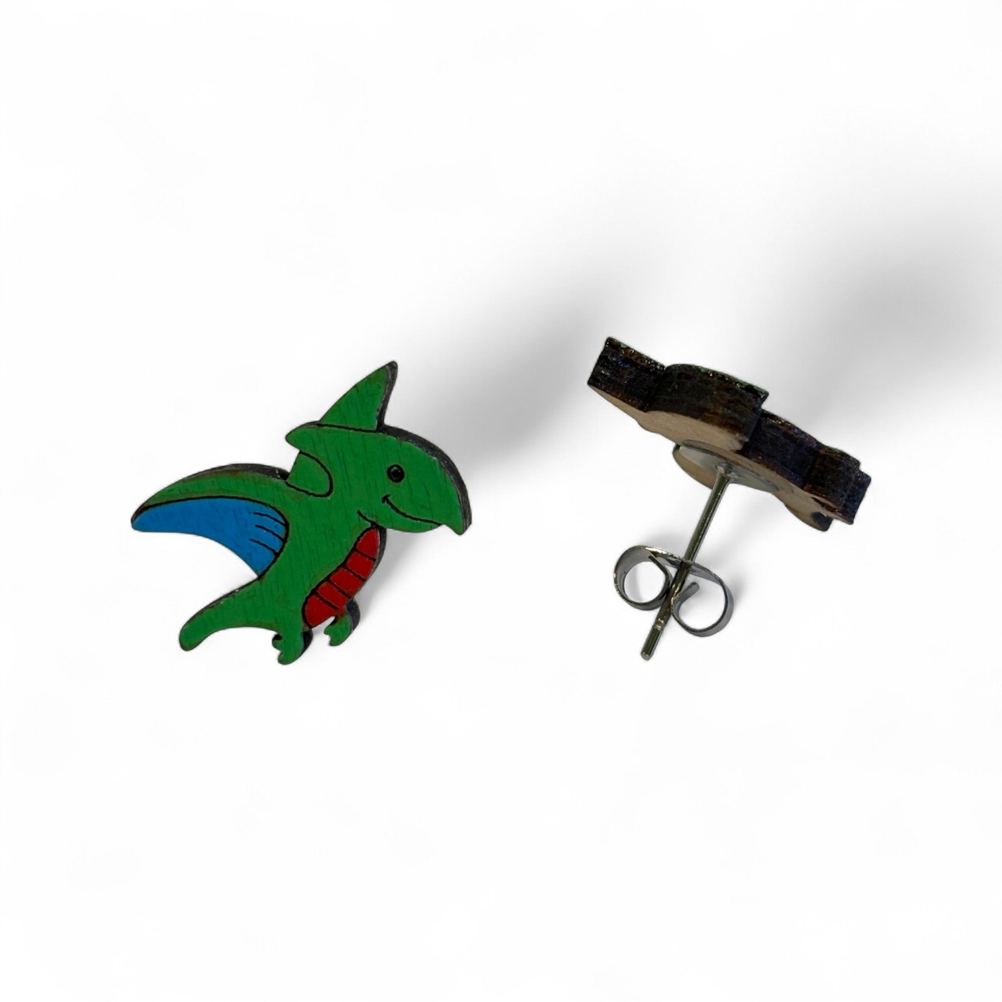 Pterodactyl dinosaur studs - wooden, hand painted earrings