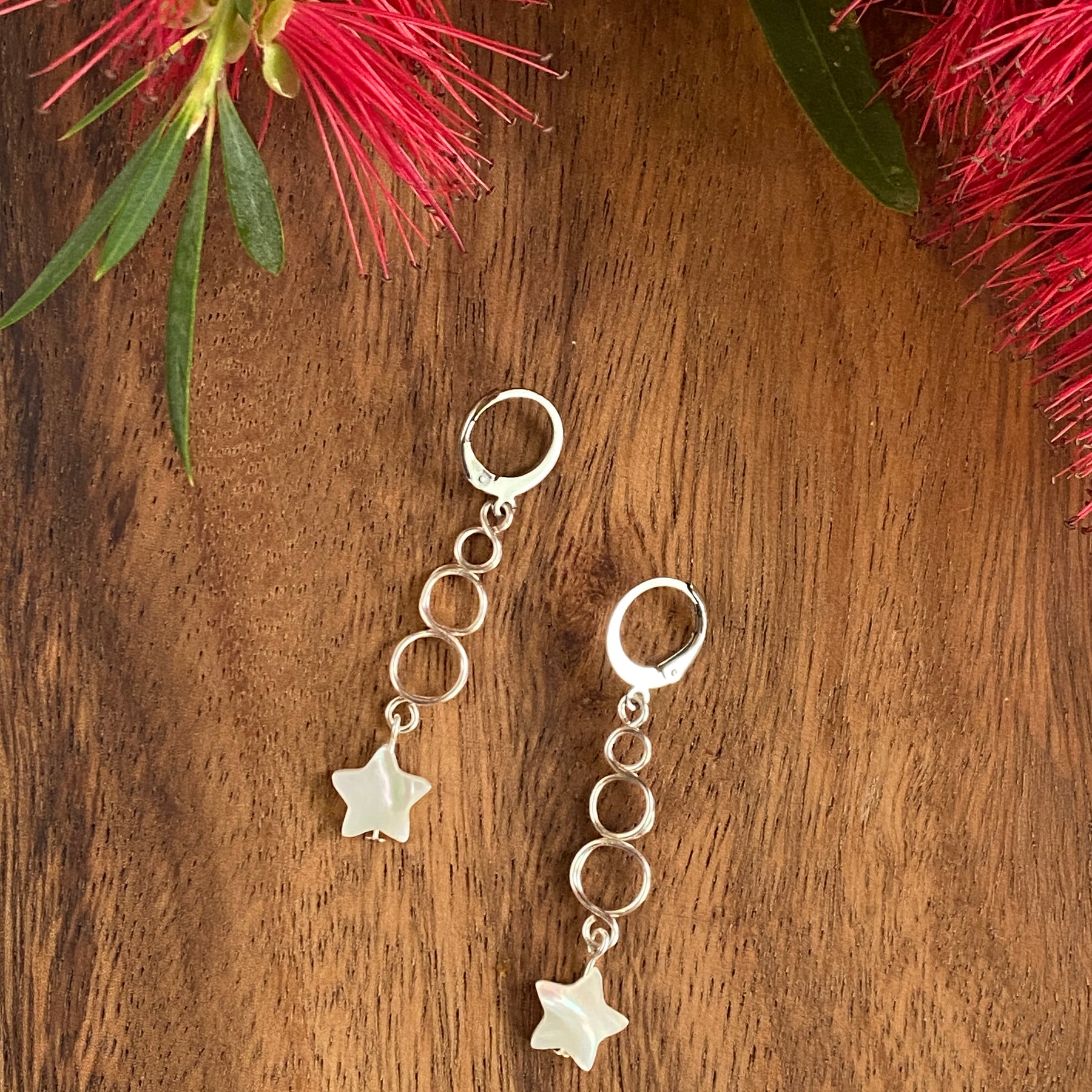 Silver Loop Christmas Star Earrings | Mother of Pearl | Festive Jewellery