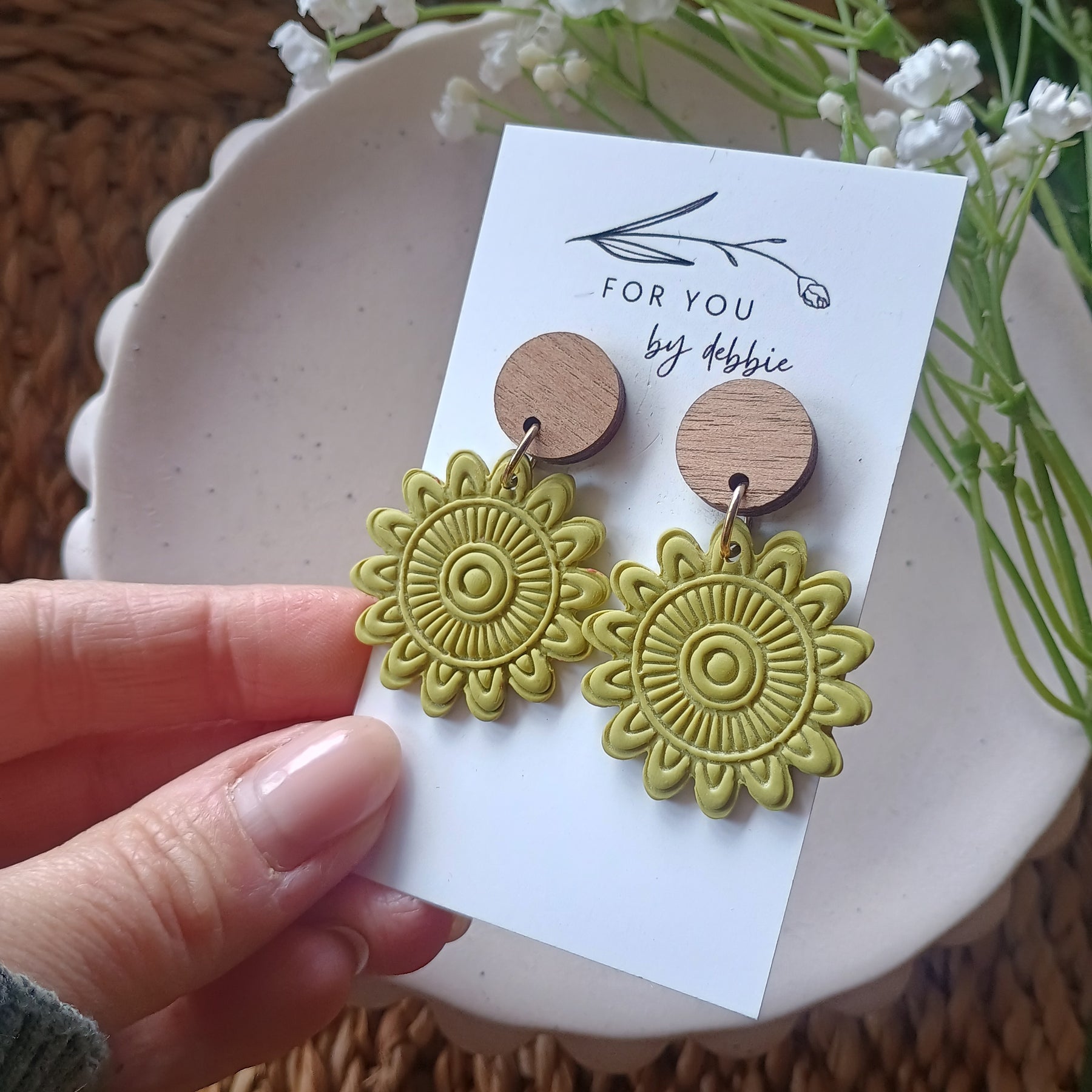 Olive Green mandala earrings with natural wood stud top