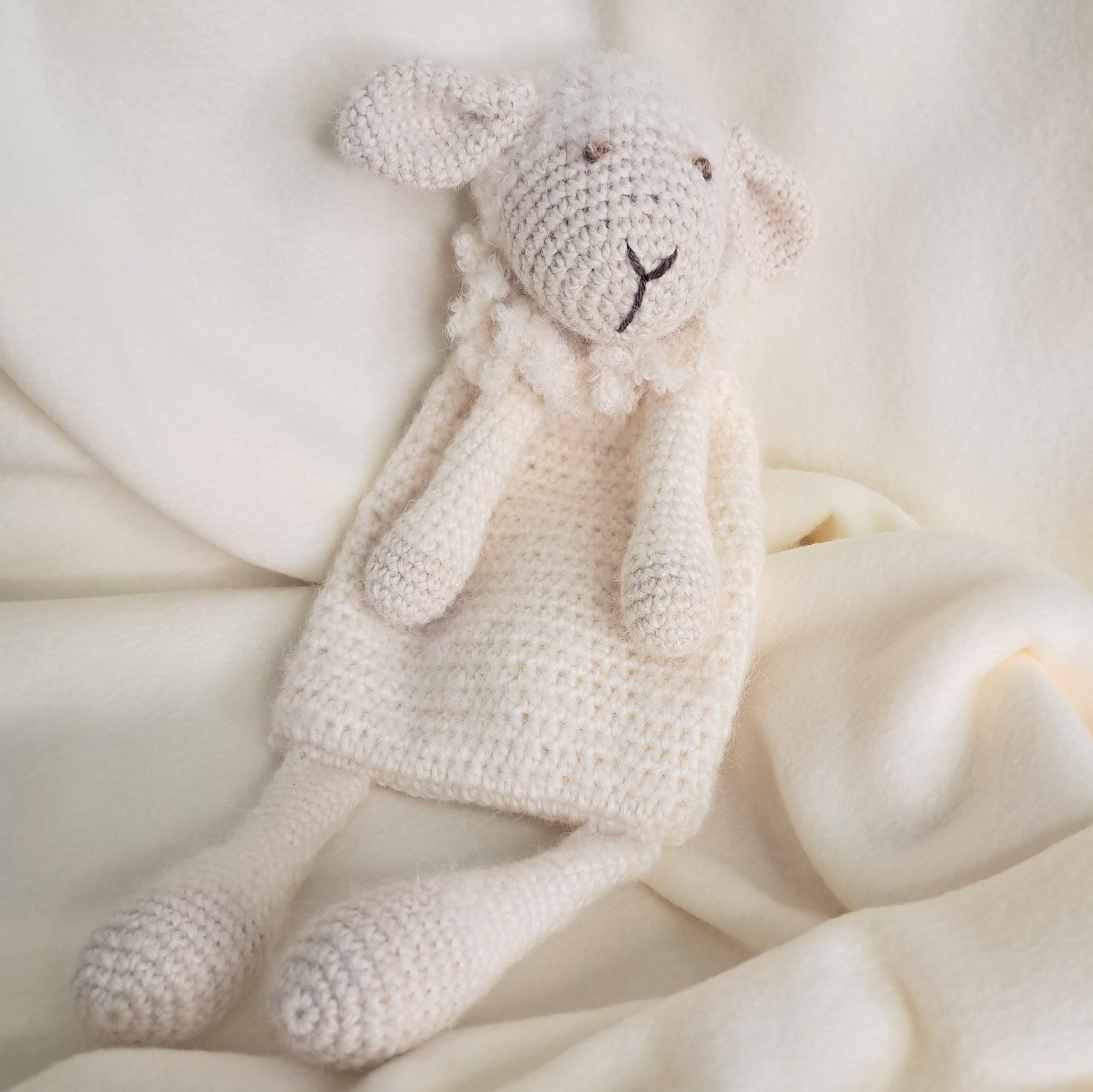 Handmade crochet sheep snuggler, Australian wool, alpaca, silk