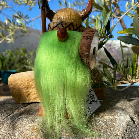 Handmade Wooden Viking Figure with Green Beard – Recycled Australian Timber Decor