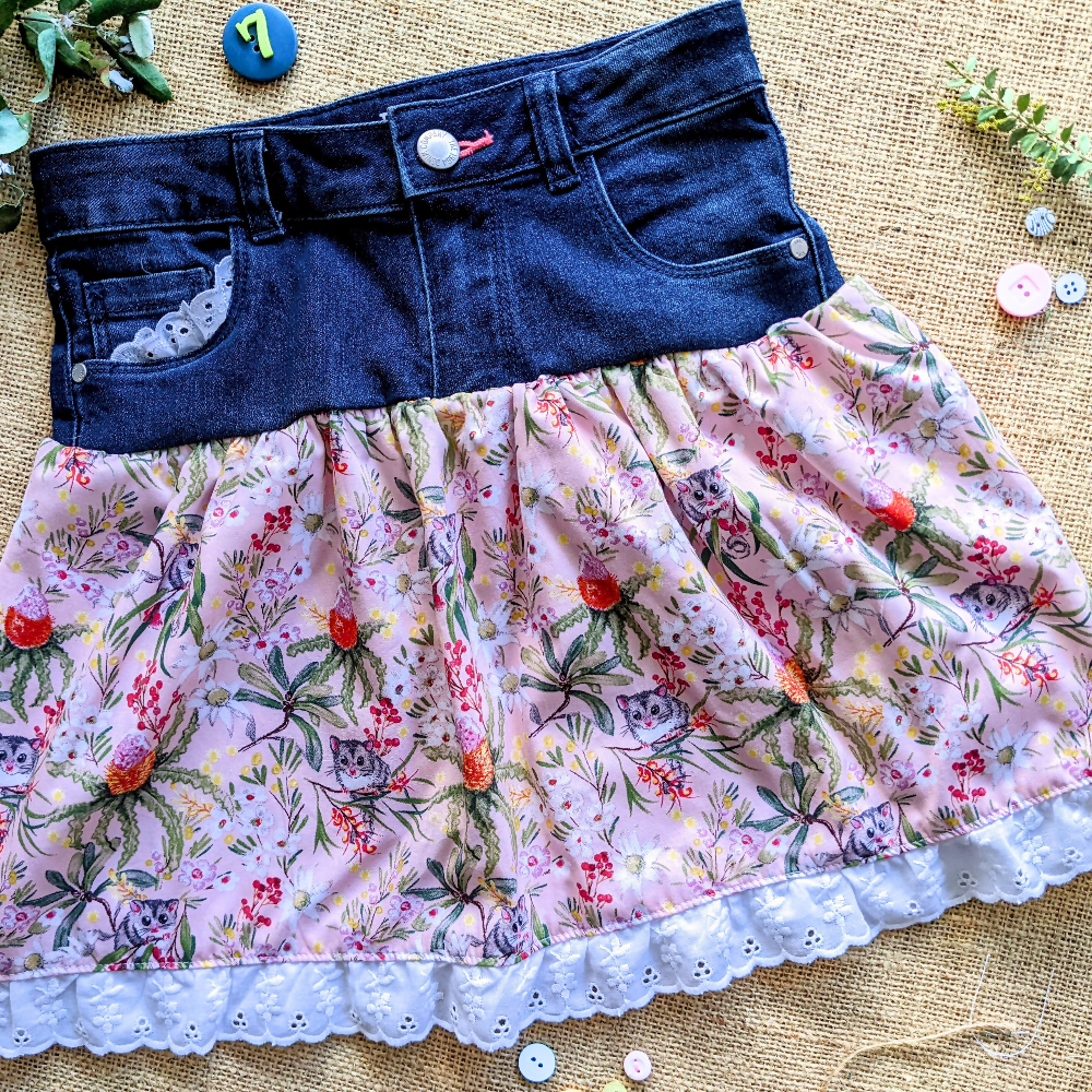 upcycled-denim-skirt-size-7-possums-pink-australian-flowers-handmade-sewing-artist-the-denim-patch (2)