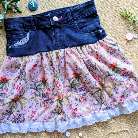 Girls Size 6-7 Upcycled Denim skirt, Pastel Pink Australian flowers