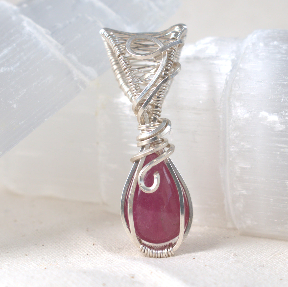 October Rose – Natural Rose Tourmaline Pendant in Silver-Filled Wire