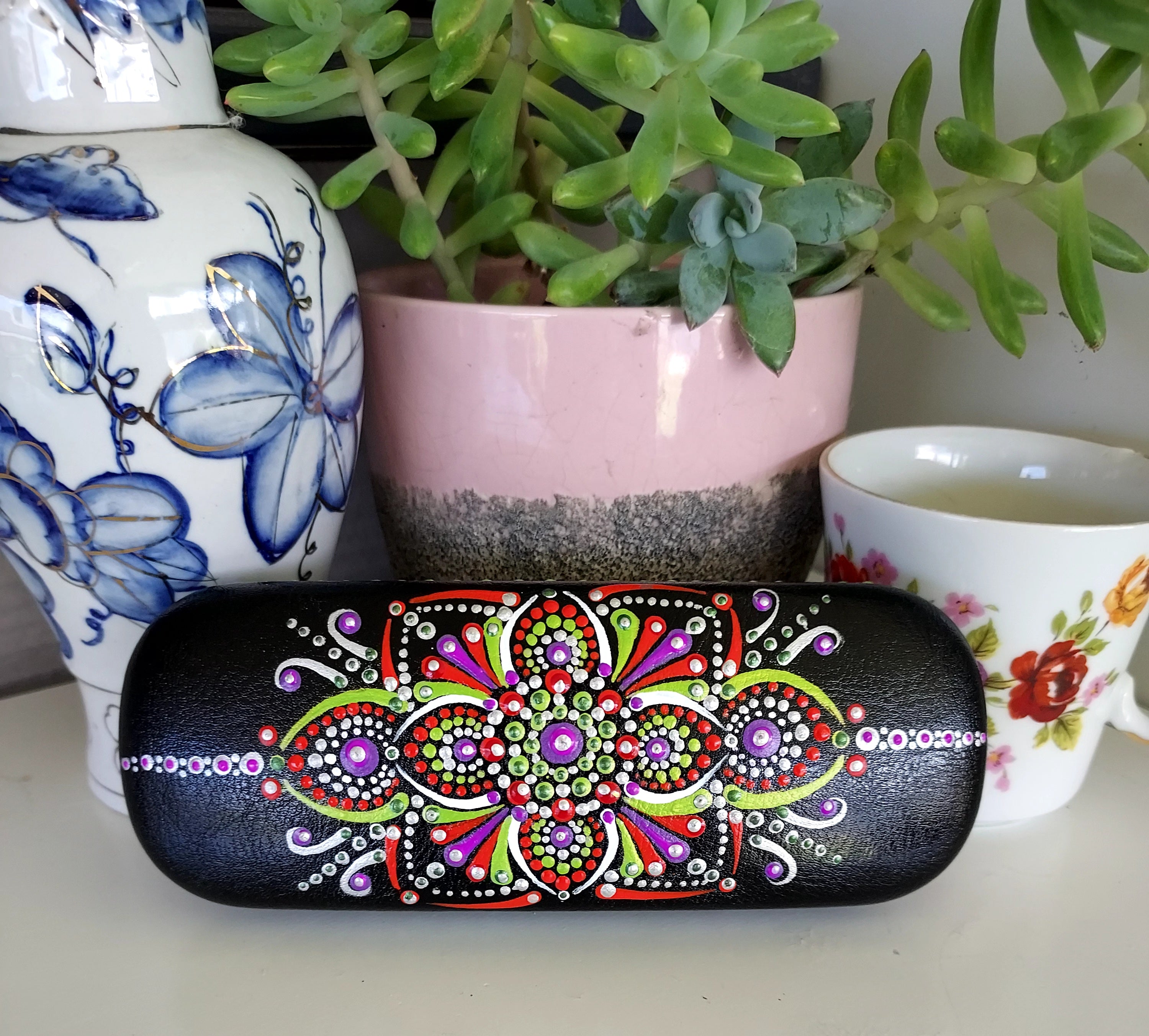 Handpainted original Dot Art design Spectacle Case called "Paradise"