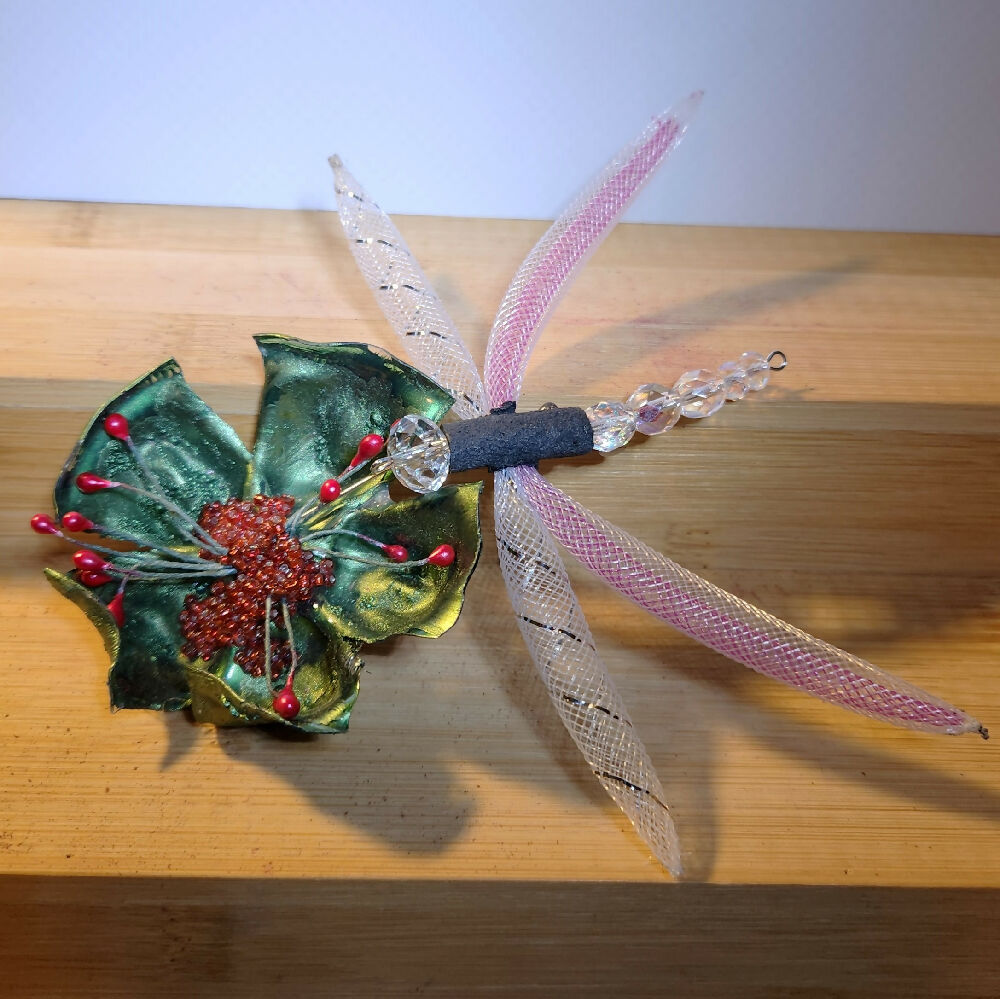 Nylon mesh brooch shawl pin Dragonfly pink and white
