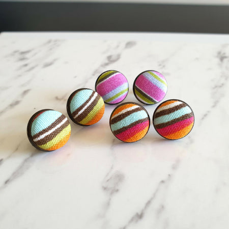 1.4cm Round Colourful Retro style Striped cotton fabric Bronze colour Cabochon stud earrings