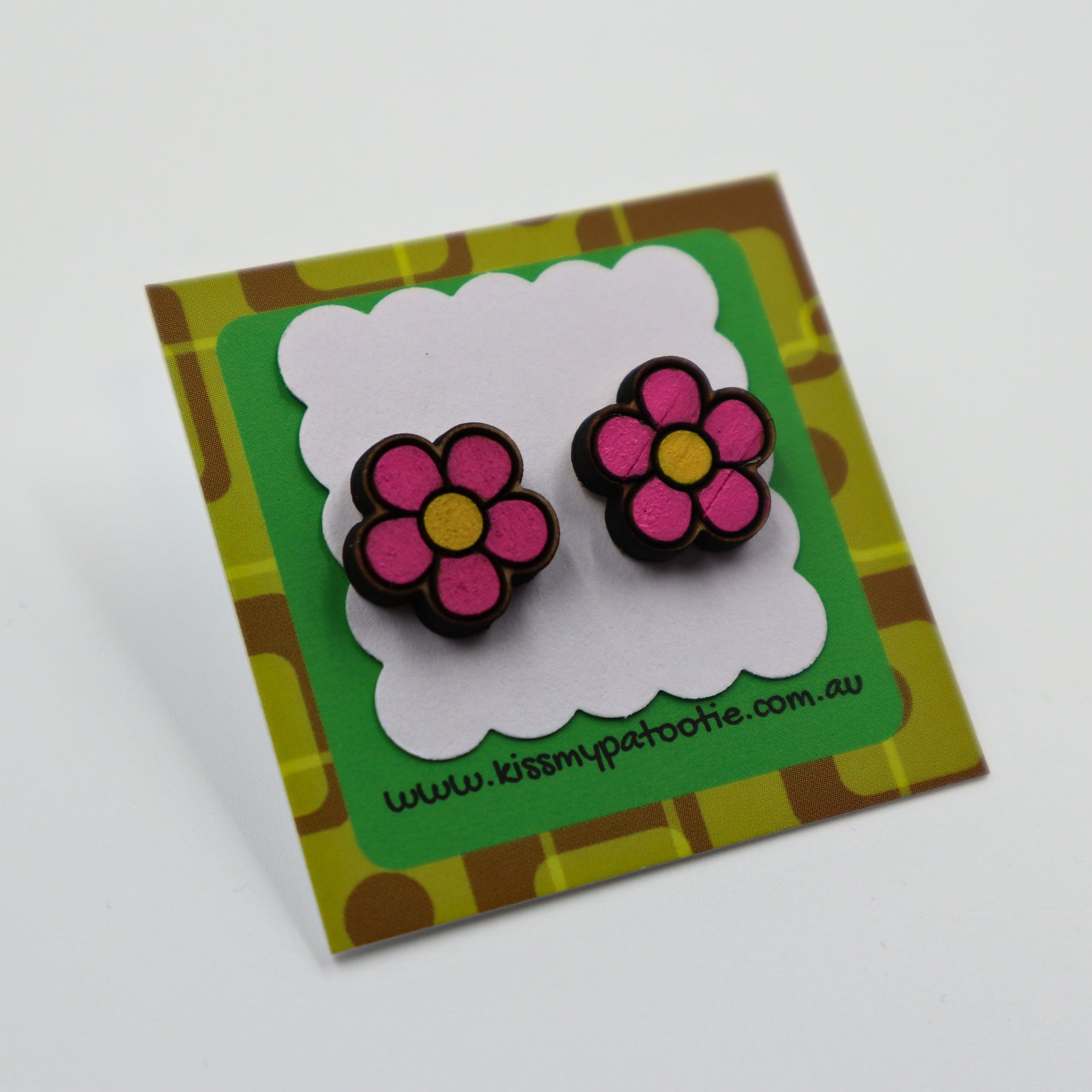 Pink flower wooden earrings - hand painted studs