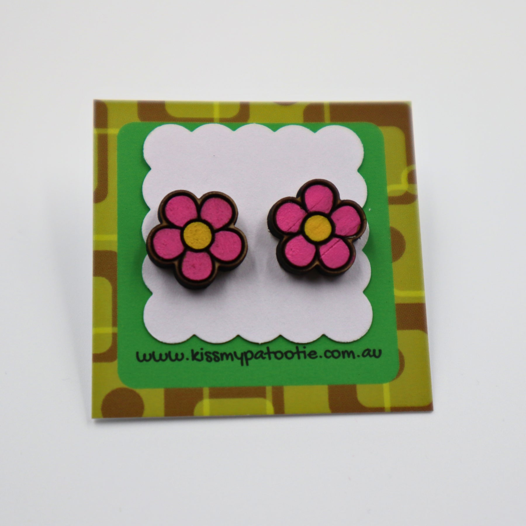 Pink flower wooden earrings - hand painted studs