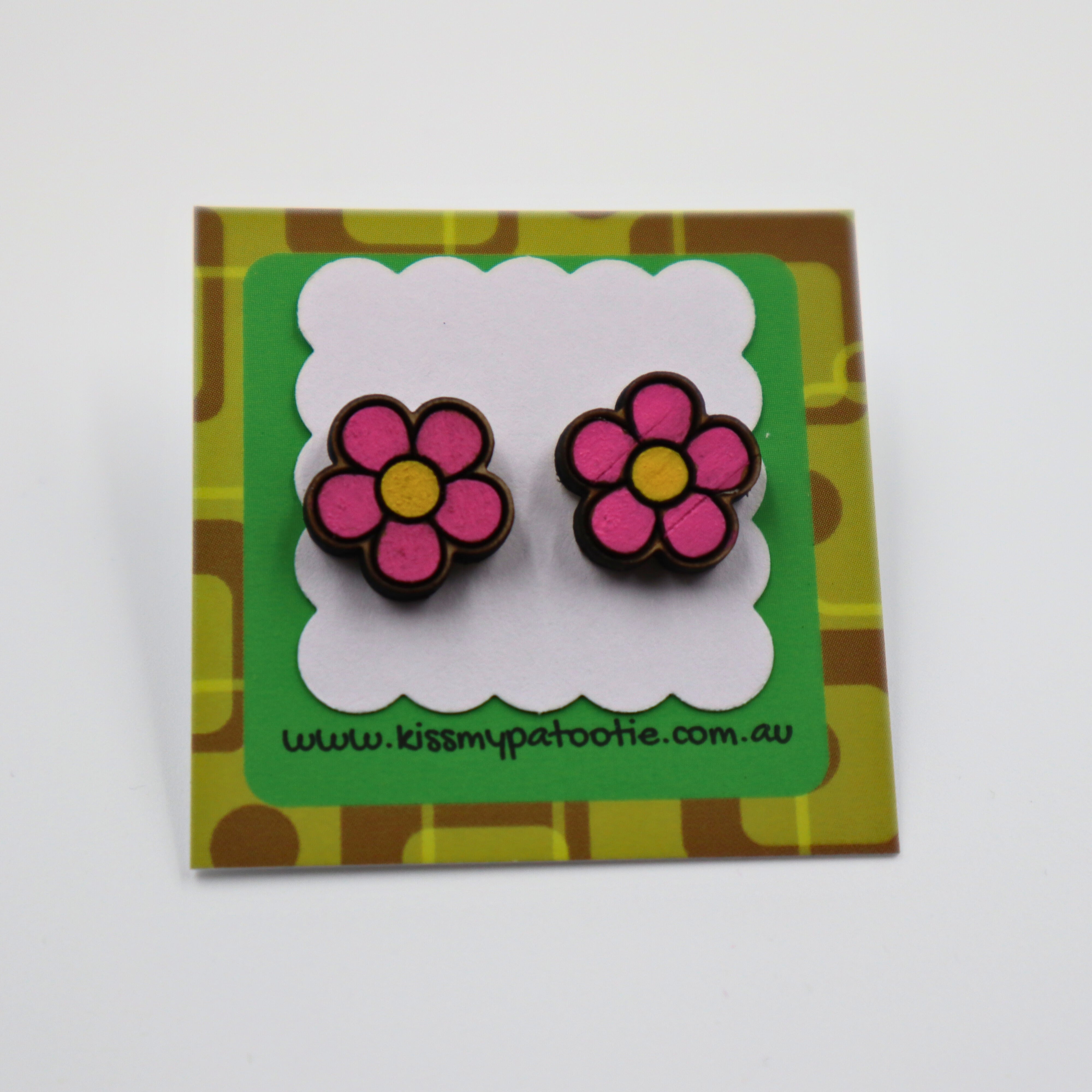 Pink flower wooden earrings - hand painted studs