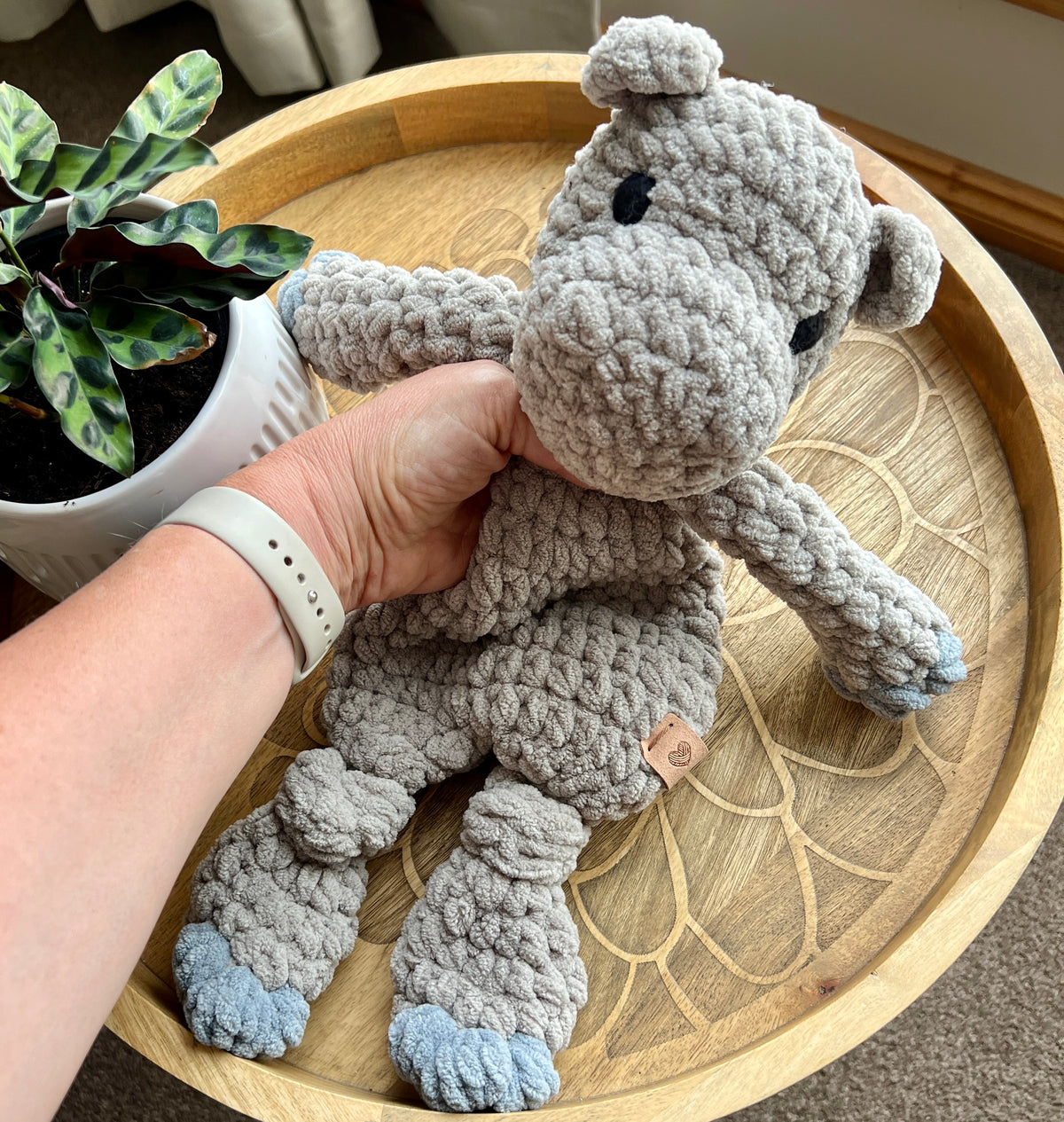 Handmade modern crochet Hippo lovey toy snuggler plushie.