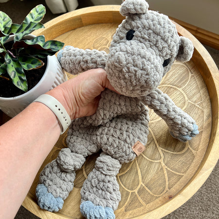 Handmade modern crochet Hippo lovey toy snuggler plushie.