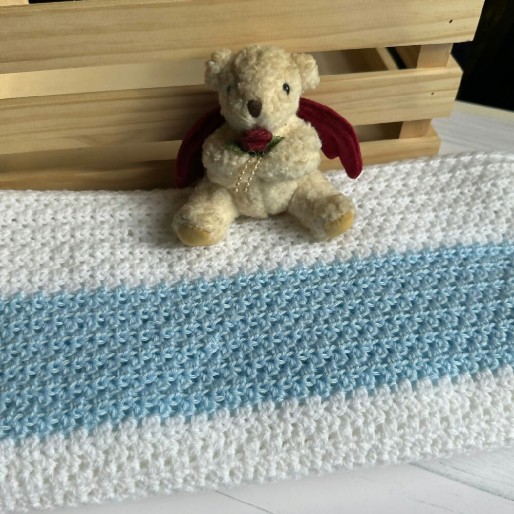 Blue & White crocheted baby blanket