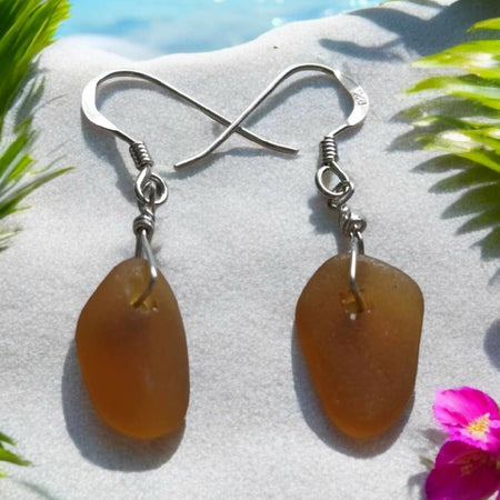 Amber Seaglass and Sterling Silver Earrings