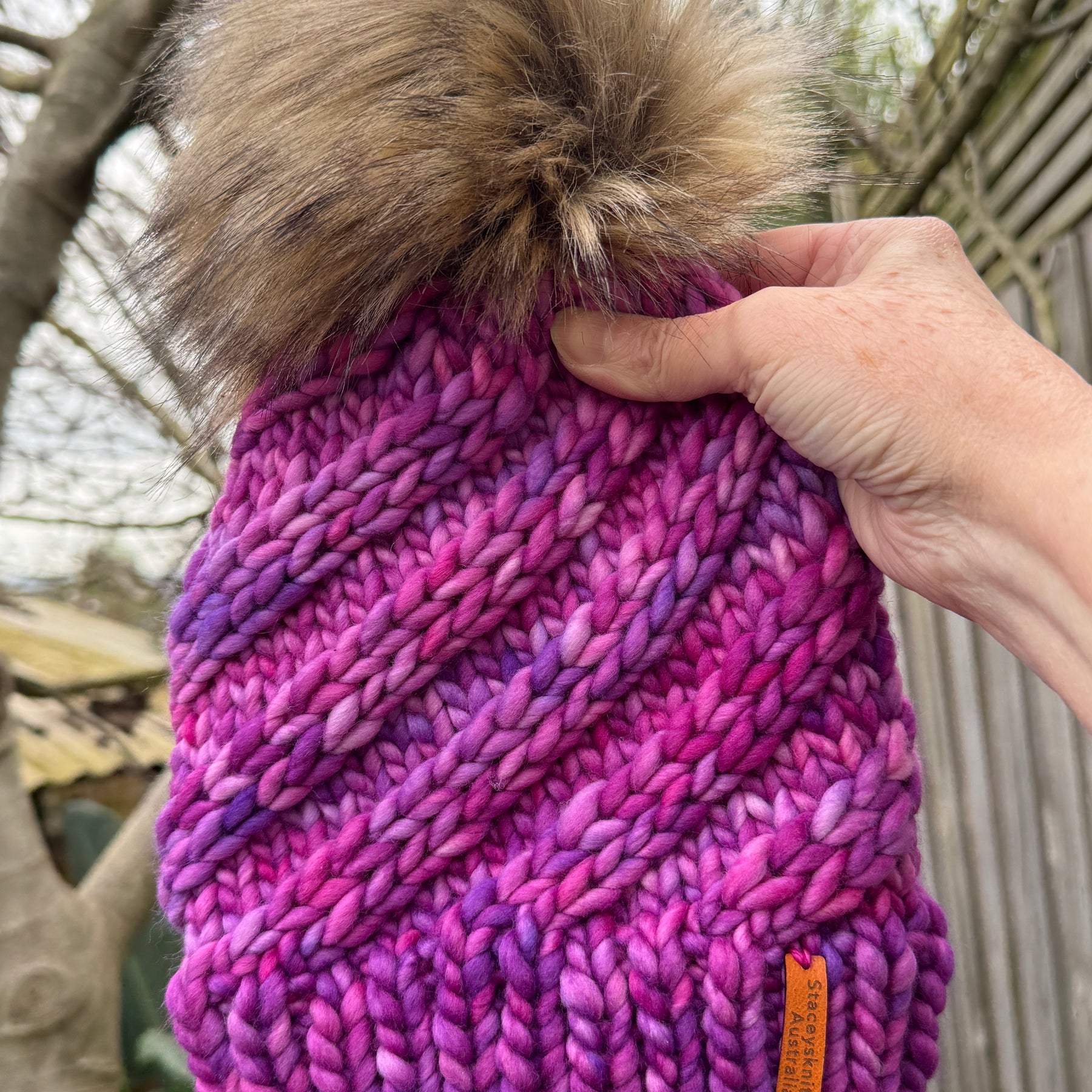 Merino Beanie, Pink Purple PomPom Beanie