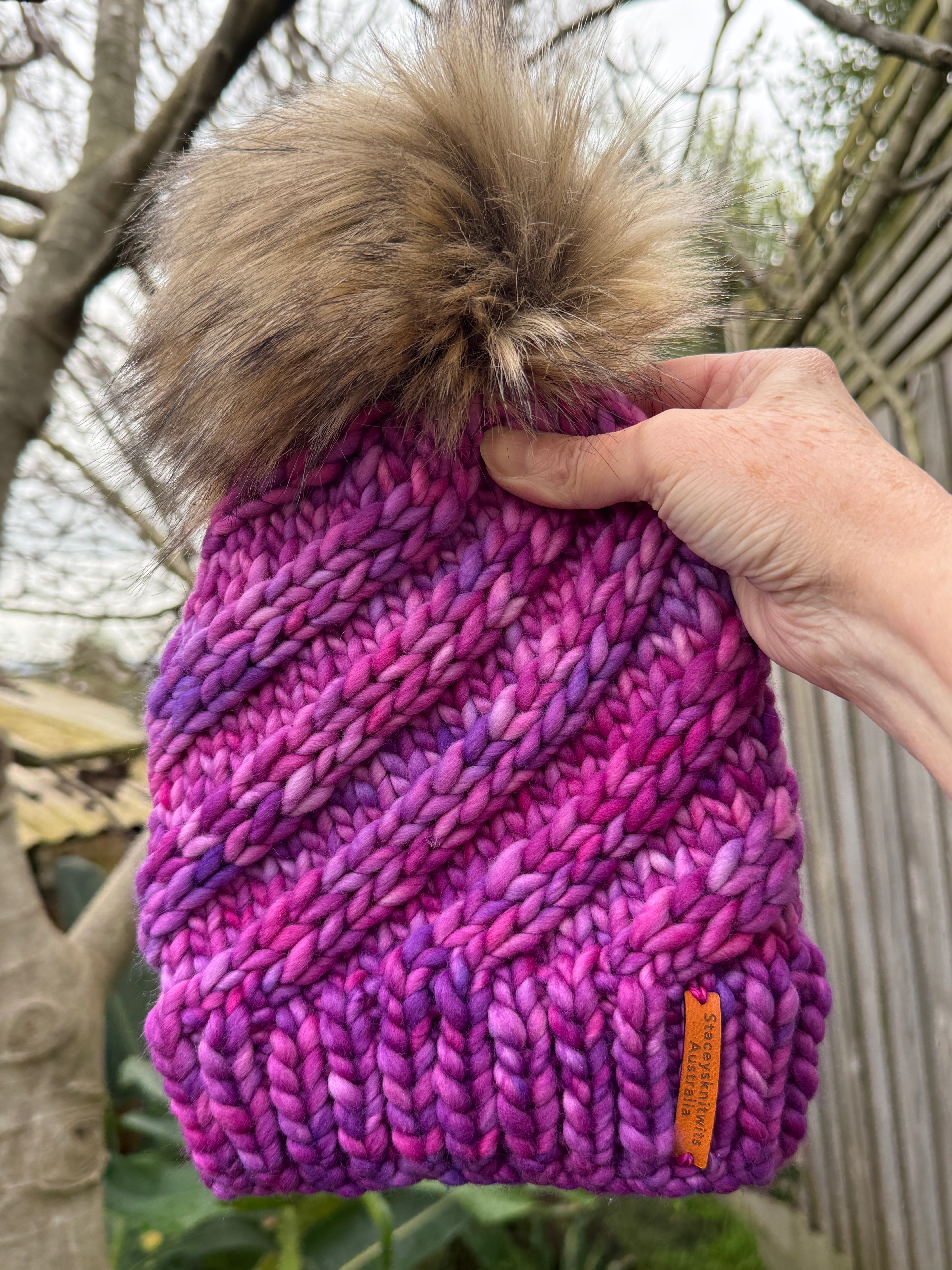 Merino Beanie, Pink Purple PomPom Beanie