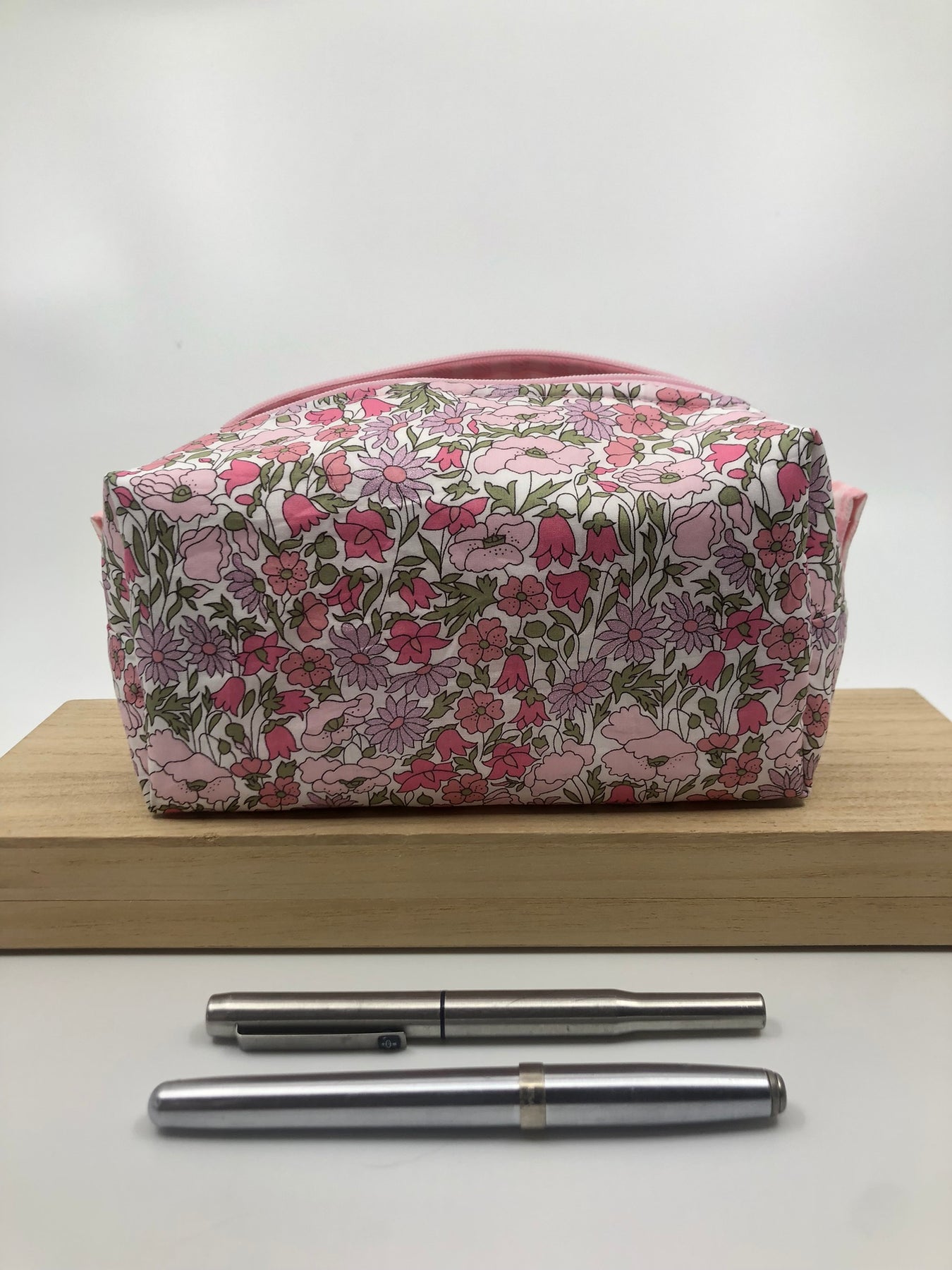 Liberty of London fabric Pink Poppy and Daisy floral boxy zipper pouch