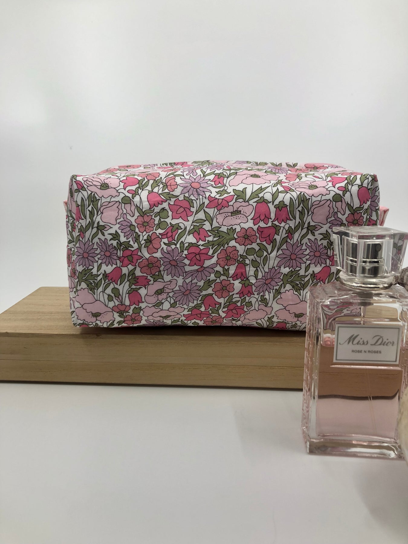 Liberty of London fabric Pink Poppy and Daisy floral boxy zipper pouch