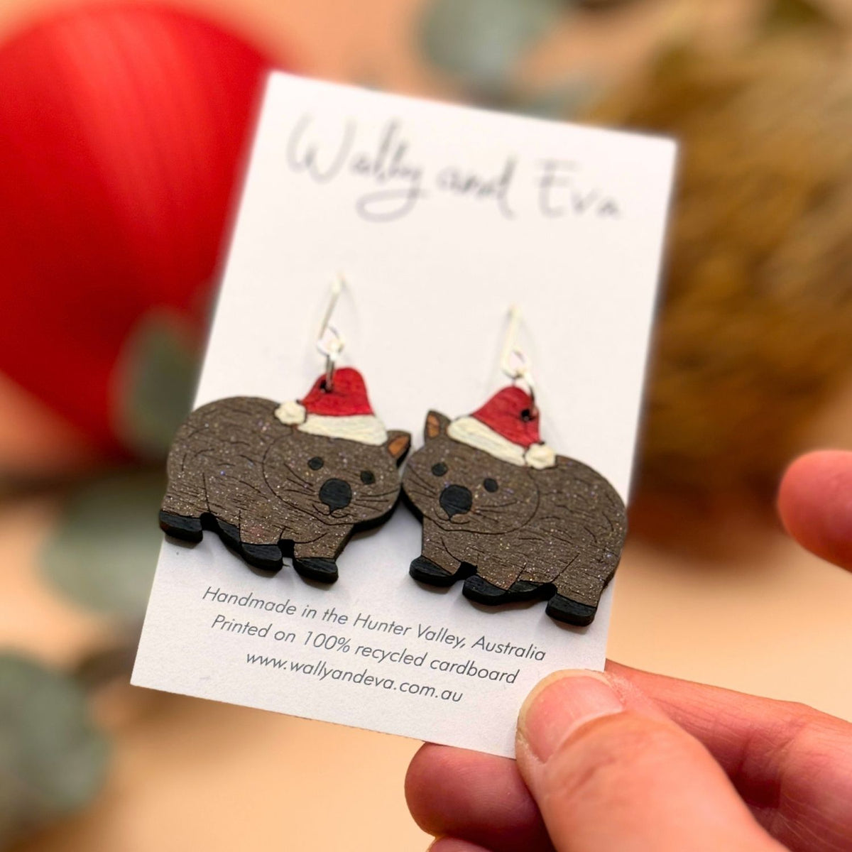 Australian Christmas Wombat Hand Painted Earrings