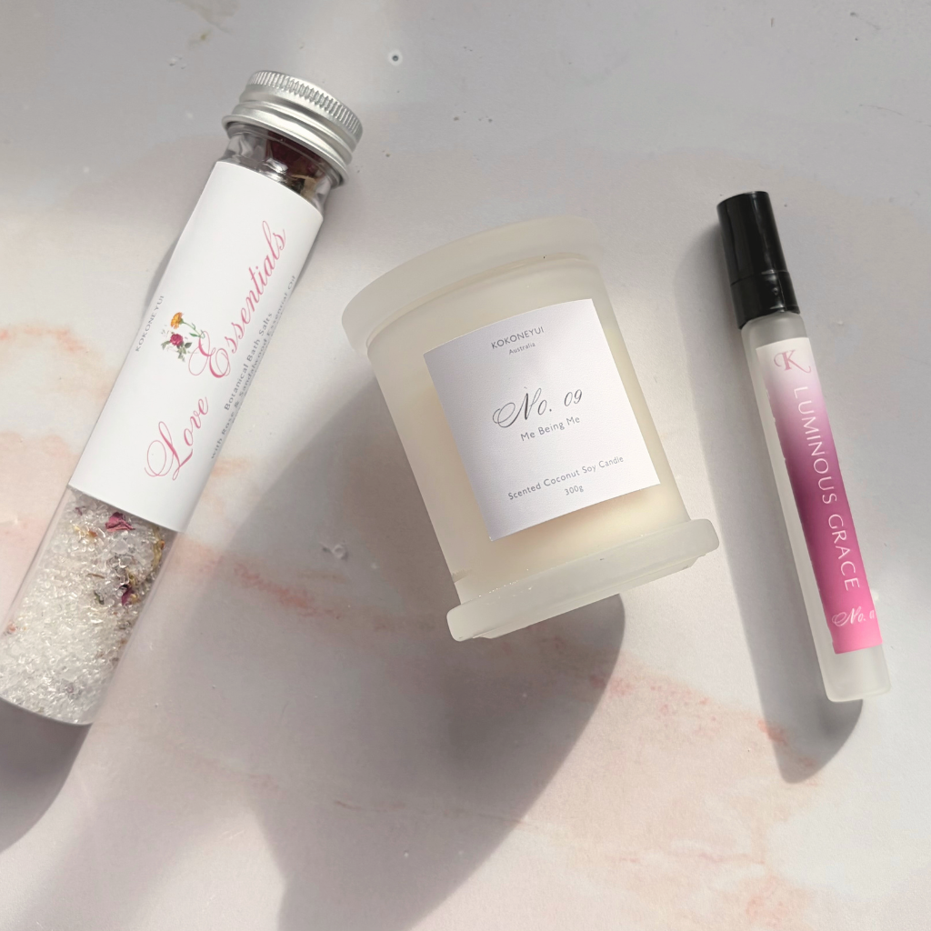 Morning Ritual Trio — Soft Bloom | Floral Candle, Space Mist & Bath Salt Gift Set